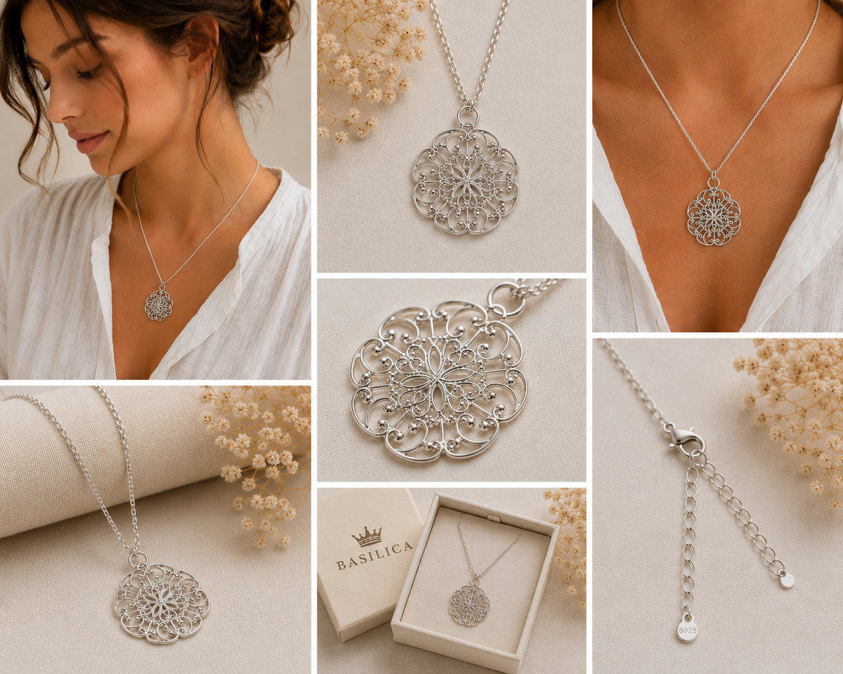 Anker-Halskette mit filigranem Ornament-Anhänger 925 Silber