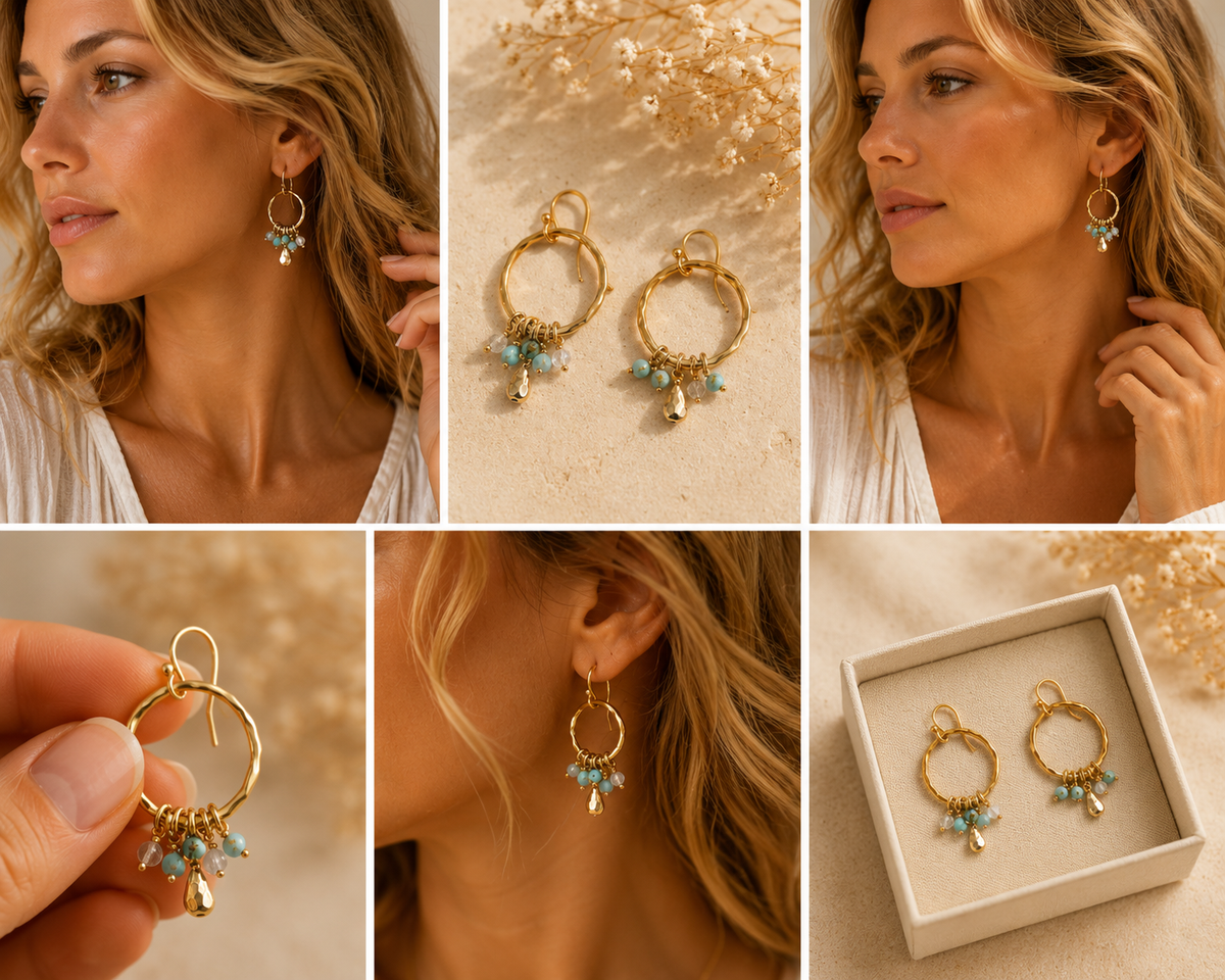 Ocean Boho Creolen mit türkis Anhängern. 925 Silber, 18K vergoldet